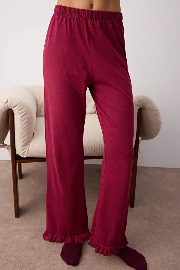 Bordo %100 Pamuklu Fırfırlı Örme Pijama Takımı THMAW26PT00057 - 3