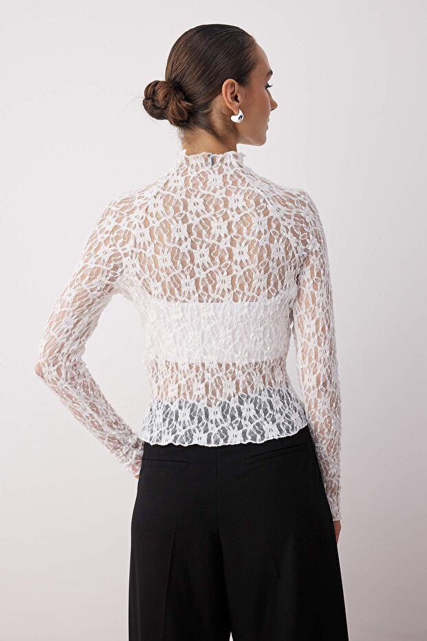 Ekru Fitted/Vücuda Oturan Reglan Kol Dantel Uzun Kollu Esnek Örme Bluz TWOAW26BZ00048 - 4