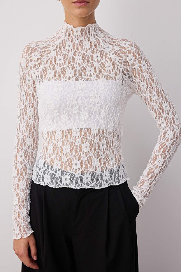 Ekru Fitted/Vücuda Oturan Reglan Kol Dantel Uzun Kollu Esnek Örme Bluz TWOAW26BZ00048 - 3