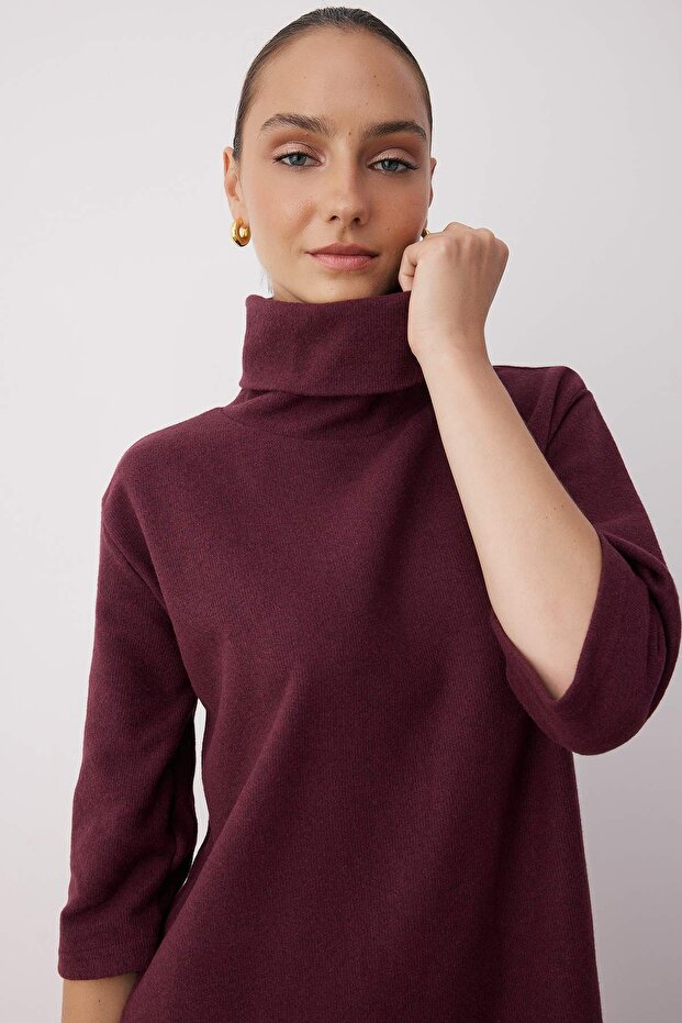 Mürdüm Balıkçı Yaka Shift/Düz Mini Selanik Uzun Kollu Örme Elbise TWOAW20EL1110 - 2