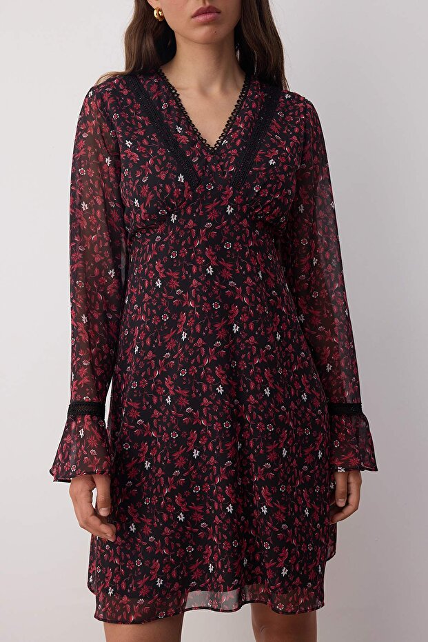 Bordo Çiçekli Aksesuar Detaylı Kısa / Mini Astarlı Şifon Dokuma Elbise TWOAW26EL00084 - 8