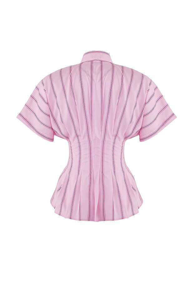 Pembe-Çok Renkli Bele Oturan Çizgili Gömlek TWOAW26GO00030 - 6