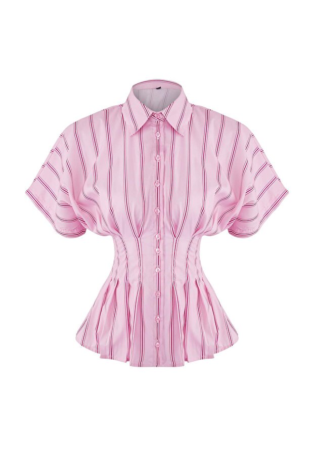 Pembe-Çok Renkli Bele Oturan Çizgili Gömlek TWOAW26GO00030 - 5