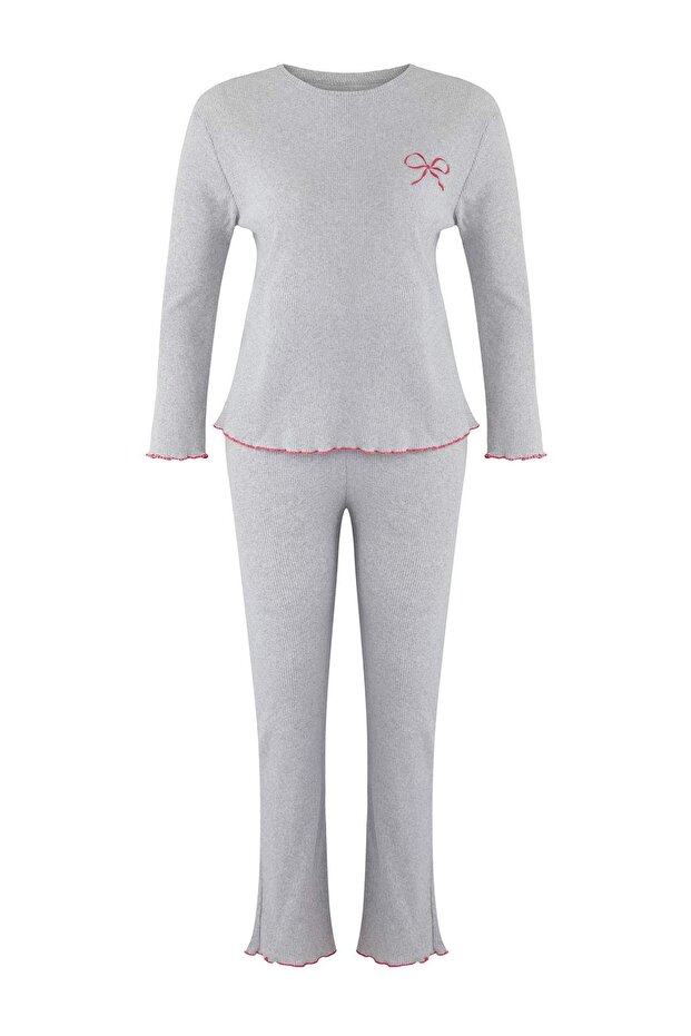 Gri Melanj Fitilli Kurdele/Fiyonk Nakışlı Örme Pijama Takımı TBBAW25AI00081 - 4