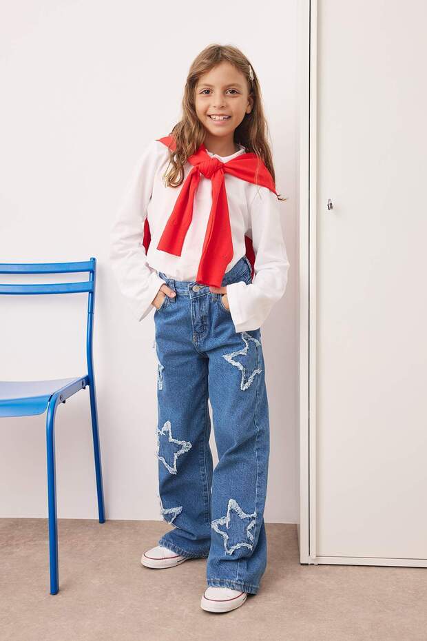 Mavi Kız Çocuk Geniş Paça Yıldız Desenli %100 Pamuk Lastikli Denim Pantolon TKDAW25PL00001 - 6