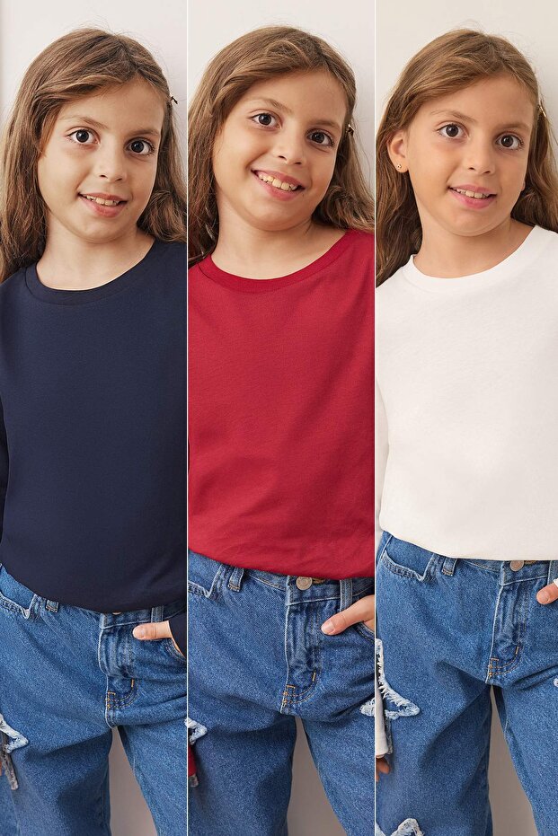 Lacivert-Bordo-Ekru 100% Pamuk 3'lü Düz/Basic Regular Unisex Çocuk Örme Okul T-Shirt TKDAW26TS00004 - 2