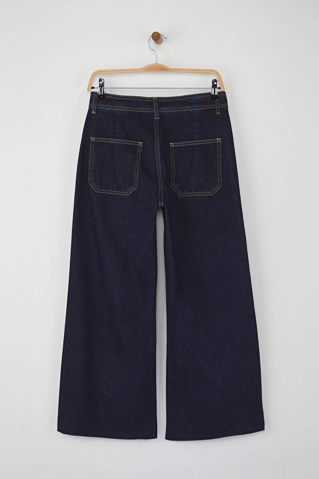Koyu Mavi Orta Bel Beli Detaylı Paçası Kesikli Culotte Bilek Boy %100 Pamuk Jeans TWOAW26JE00045 - 6