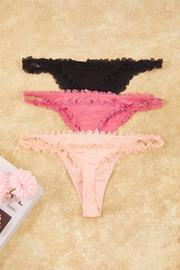 Pembe-Çok Renkli 3'lü Pamuklu Kurdele/Fiyonk ve Dantel Detaylı Örme Tanga Külot THMAW26KU00007 - 8