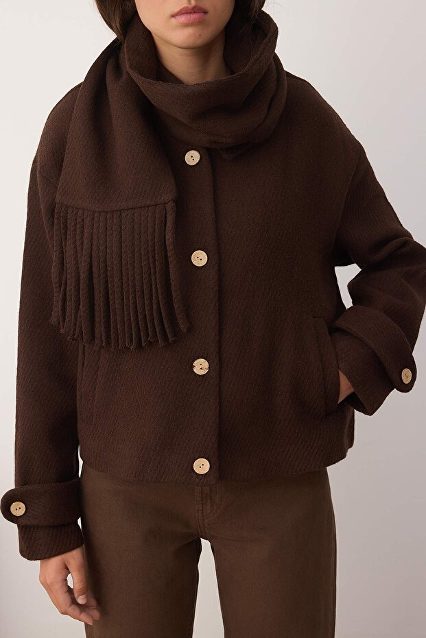 Kahverengi Oversize Kalıp Çıkarılabilir Şal Detaylı Kaşe İnce Ceket Mont TWOAW26MO00117 - 6