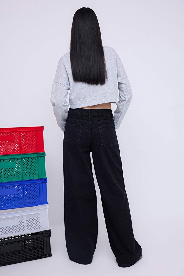 Teen Siyah Kuşgözü Detaylı Yüksek Bel Wide Leg Jeans TWOAW26JE00041 - 5