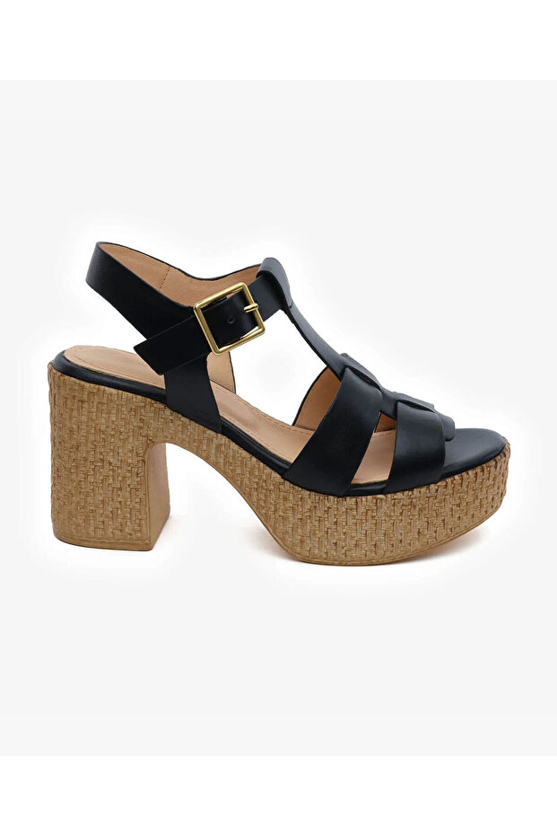 Women's Black Genuine Leather Heeled Sandals 5Y2Cs59243