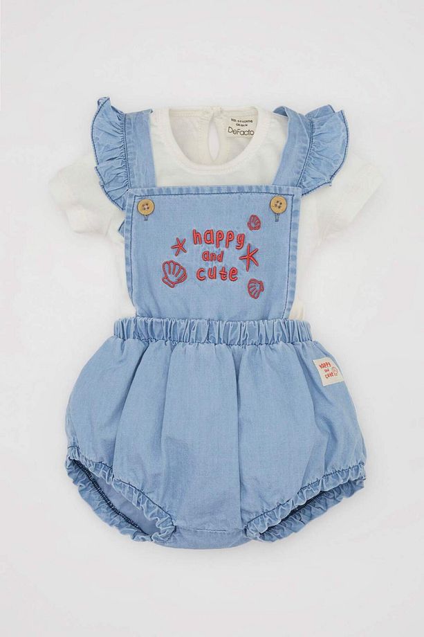 Kız Bebek 2li Takım Kısa Kollu Tişört Üst Yumuşak Nakışlı Jean Tulum D0790A524HS - 1