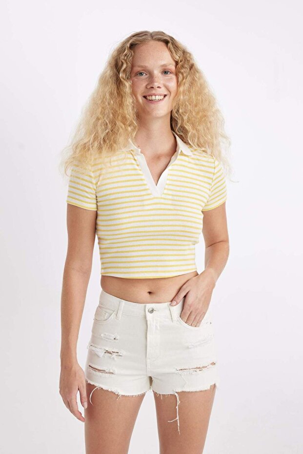 Yüksek Bel Kesik Uçlu Paça Jean Şort C0667AX24HS - 3