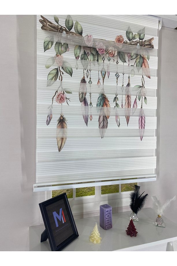 Bohem Tüy ve Kristal Desenli Zebra Stor Perde – Pastel Çiçekli Ahşap Dal Temalı Perde - 3