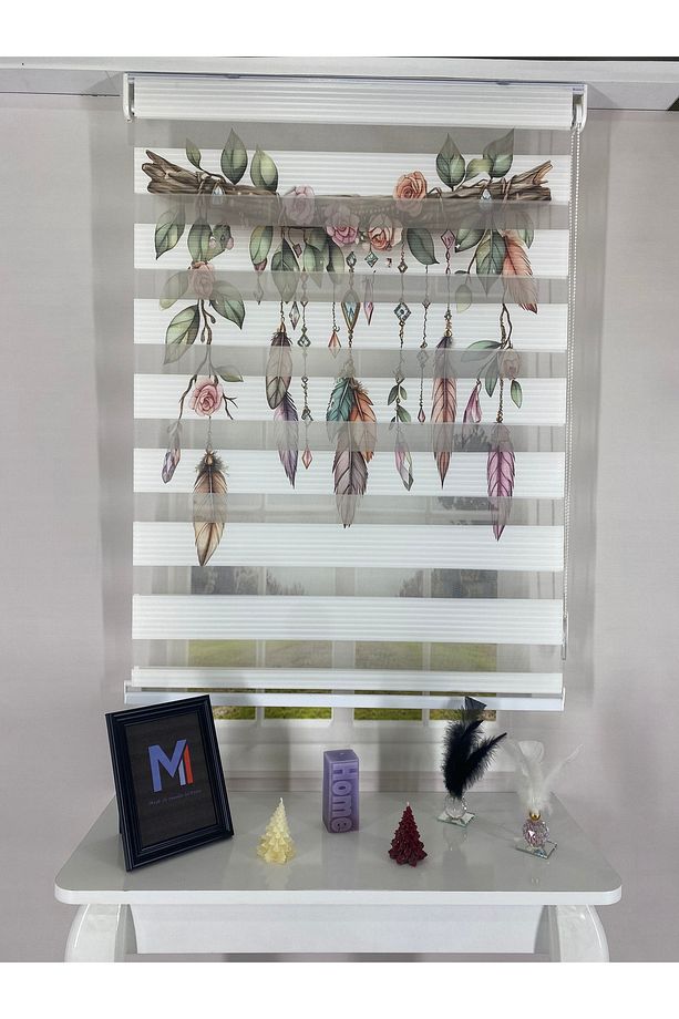 Bohem Tüy ve Kristal Desenli Zebra Stor Perde – Pastel Çiçekli Ahşap Dal Temalı Perde - 4