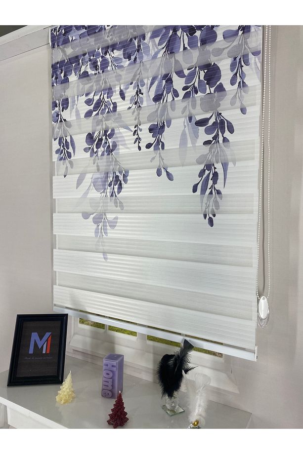 Mavi Salkım Yaprak Desenli Zebra Stor Perde – Mutfak-Modern Suluboya Bitki Temalı Perde - 2