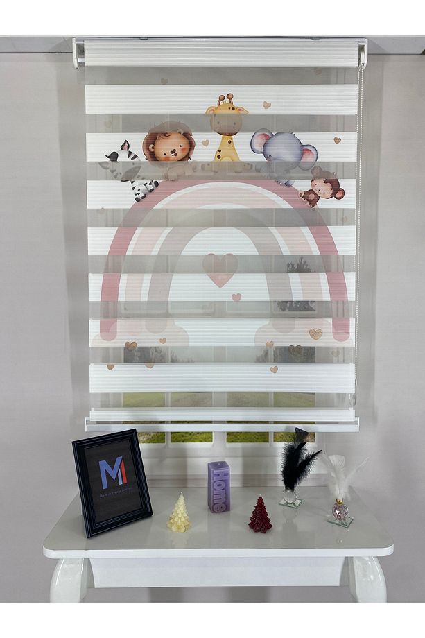 Gökkuşağı Üzerinde Sevimli Hayvanlar Desenli Dijital Zebra Stor Perde – Bebek ve Çocuk Odası - 4
