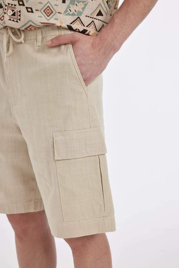 %100 Pamuk Regular Fit Keten Görünümlü Kargo Bermuda Şort B5676AX24SM - 5