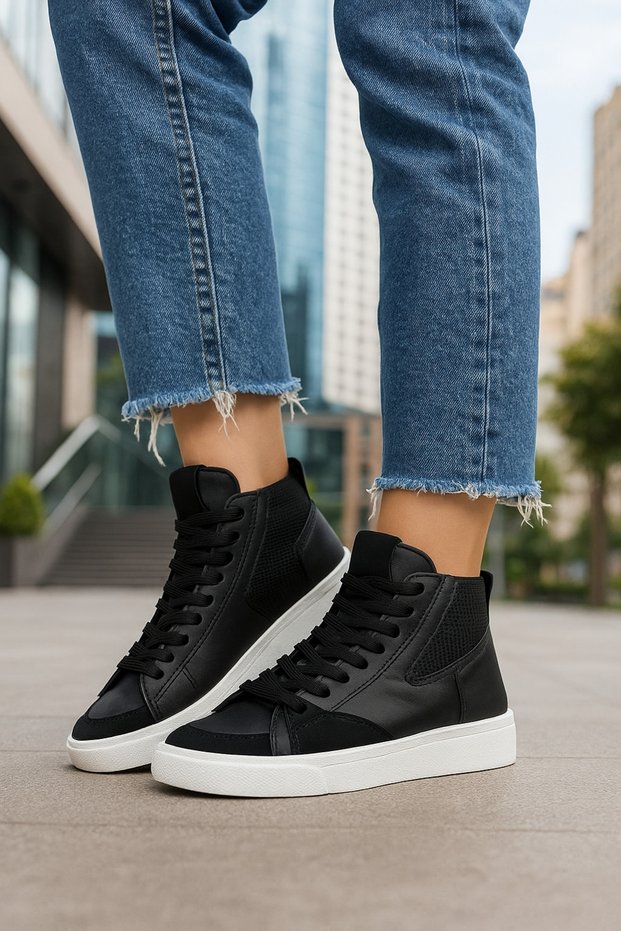 Women's Black Sneaker Suede Mesh Detailed Lace up Serrated Sole Sports Basketball Shoes 08