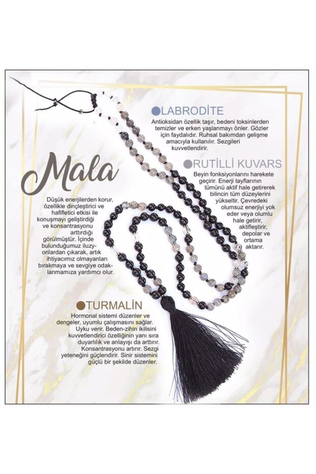 Certified Natural Stone Mala Prayer Beads - Labradorite-Rutilated Quartz-Tourmaline