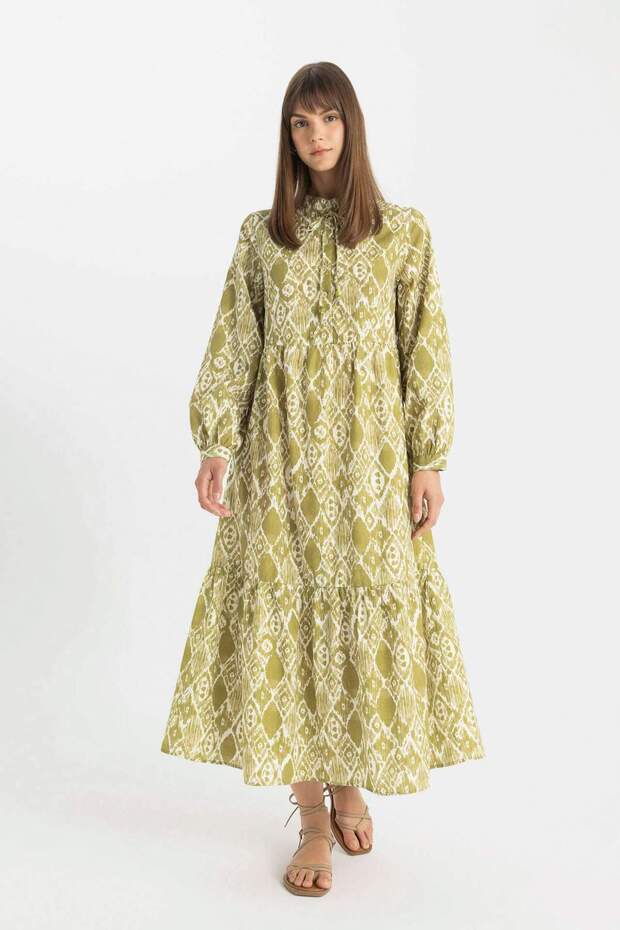 Desenli Poplin Uzun Kollu Basic Düz Maxi Elbise C6485AX24SM - 3