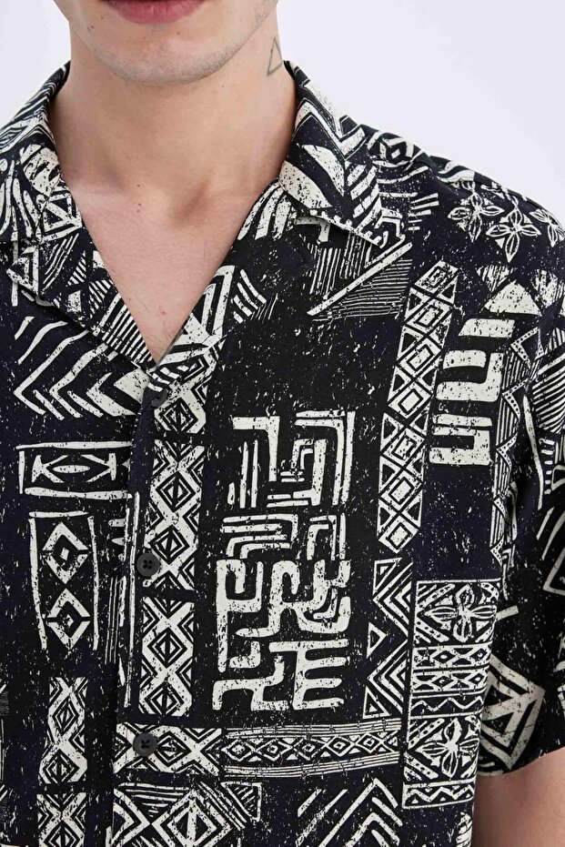 Regular Fit Yazlık Apaş Yaka Desenli Viskon Kısa Kollu Gömlek C7686AX24SM - 5