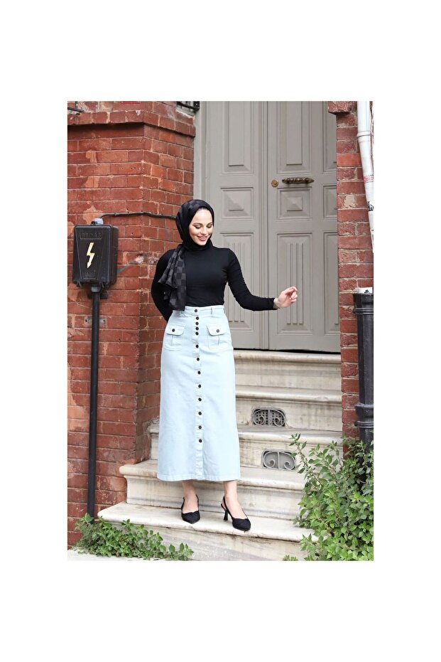 Full-Length Buttoned Hem Pocket Hijab Skirt Antique Dusty Blue