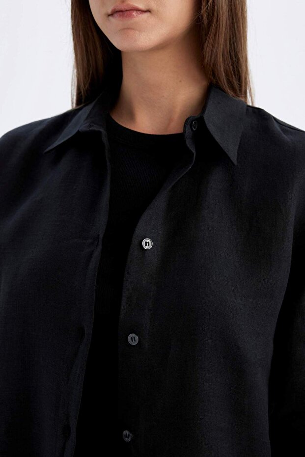 Regular Fit Keten Basic Düz Uzun Kollu Gömlek Tunik D1844AX24SM - 5