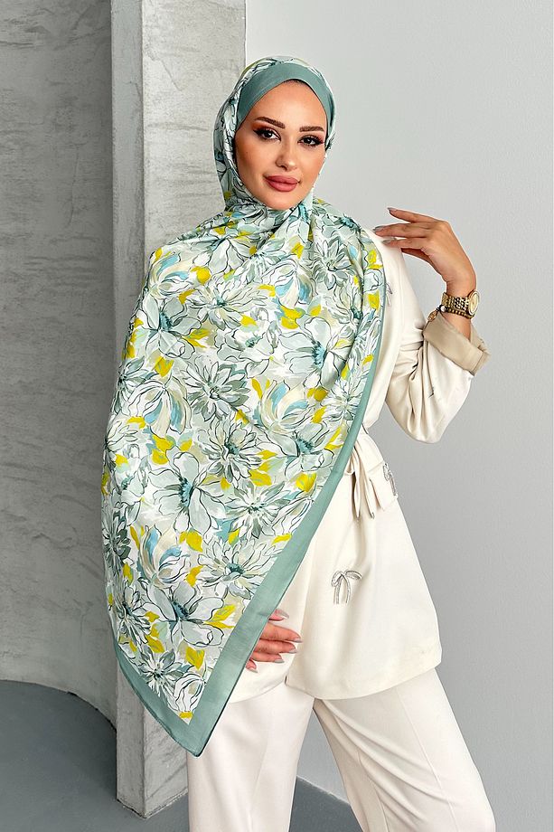 Lotus Çiçek Desen Çağla Yeşili Renk Soft Pamuk Şal - 4