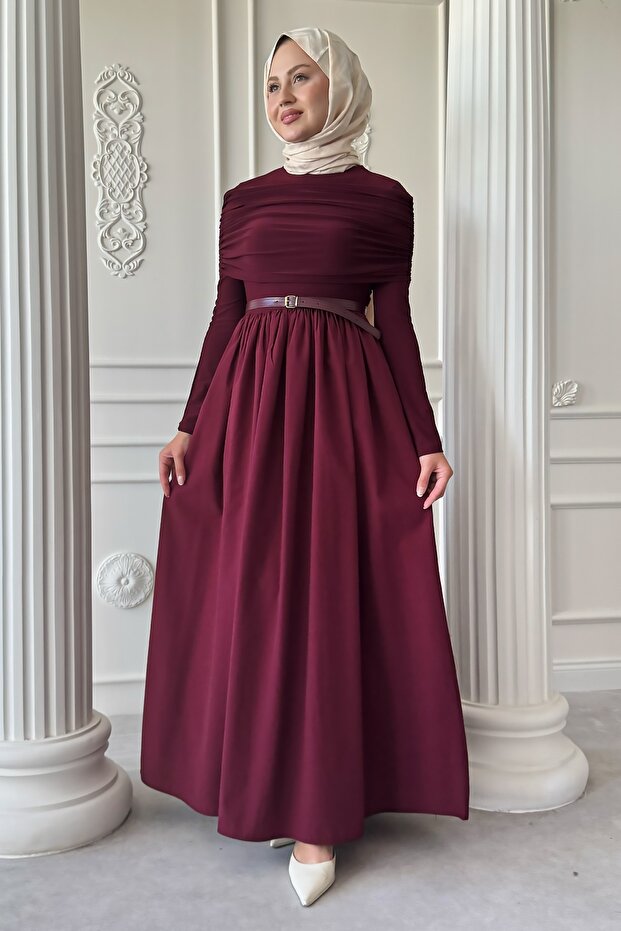 Drapeli Sandy Cotton Bordo Elbise - 5