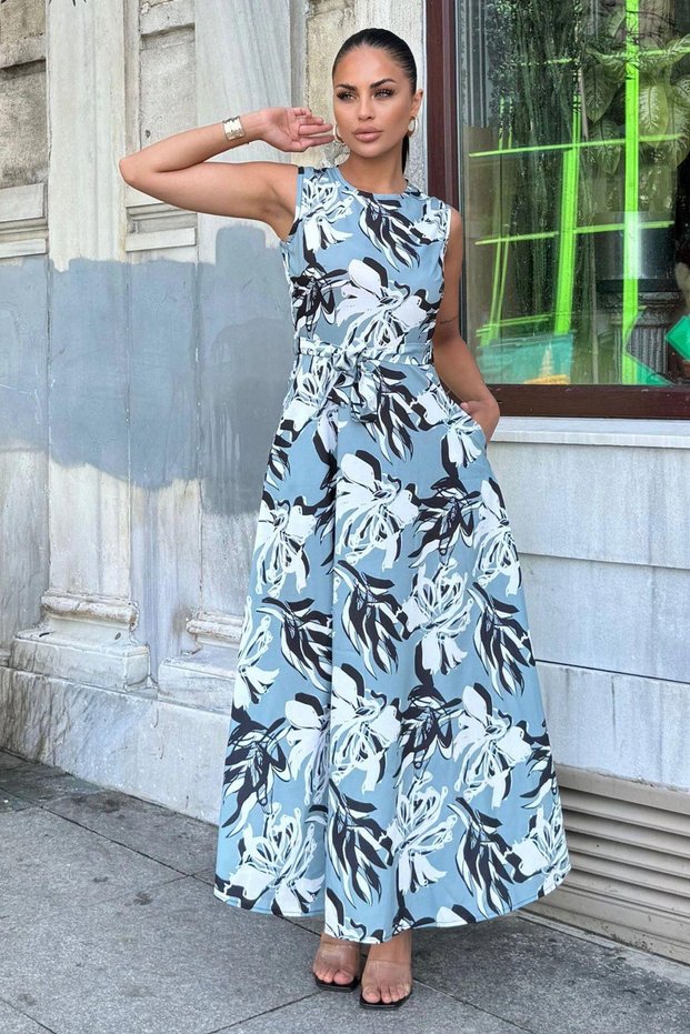 Women's Gray Floral Patterned, Waist Belted, Stylish and Comfortable, A-Line, Sleeveless Long Dress