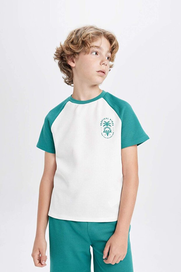Erkek Çocuk Waffle Pijama Takımı Baskılı Kısa Kollu Üst Şort C5501A824SM - 4