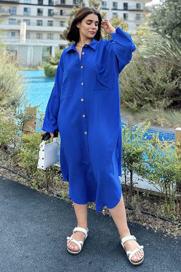 Women's Cobalt Blue Muslin Fabric, Bat Sleeve, Oval Skirt, Double Pocket, Long Oversize Loose Shirt Dress