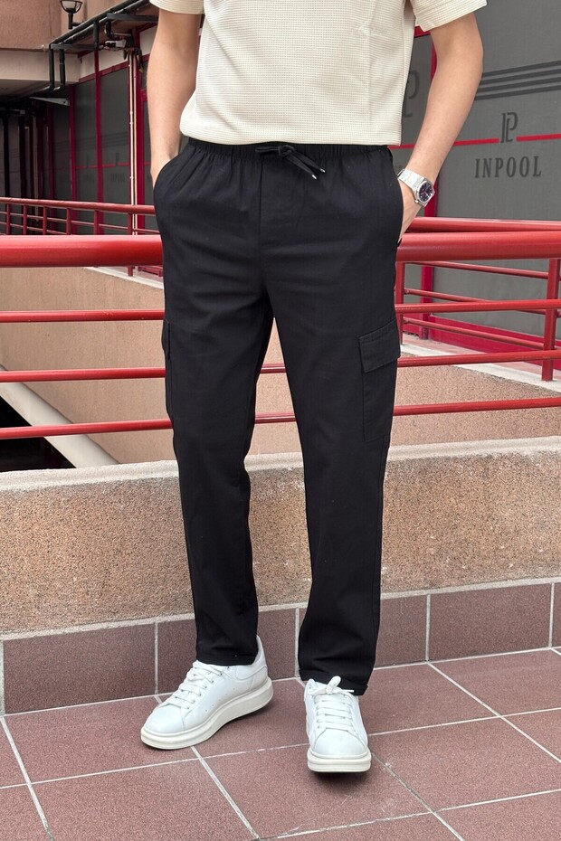 Men'S, Elastic Waist, Ribbed Detail, Cotton, Linen Woven, Regular Fit, Cargo Pocket Pants Inp293
