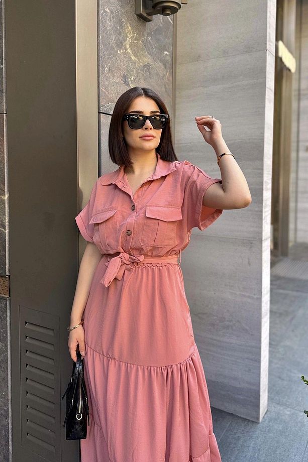 Gül Kurusu Kısa Kol, Airobin Kumaş, Yarım Patlı, Kuşaklı, Eteği Pliseli, Cepli Maxi Uzun Elbise - 2