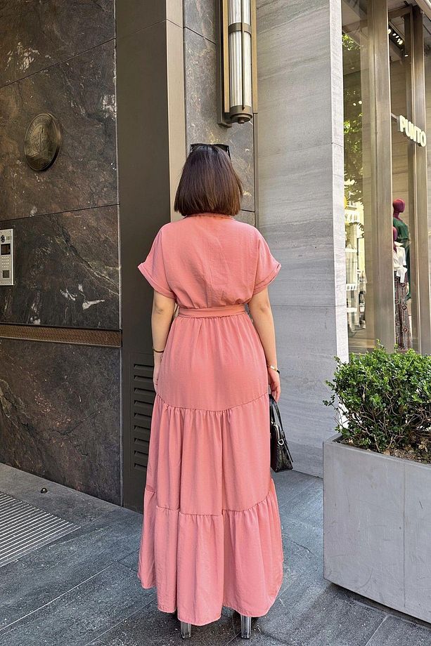 Gül Kurusu Kısa Kol, Airobin Kumaş, Yarım Patlı, Kuşaklı, Eteği Pliseli, Cepli Maxi Uzun Elbise - 7