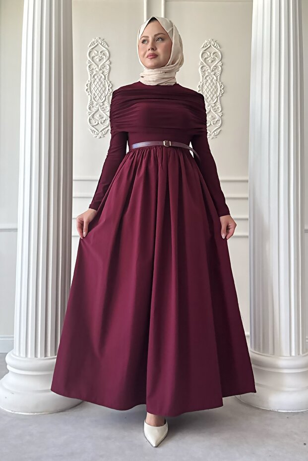 Drapeli Sandy Cotton Bordo Elbise - 3