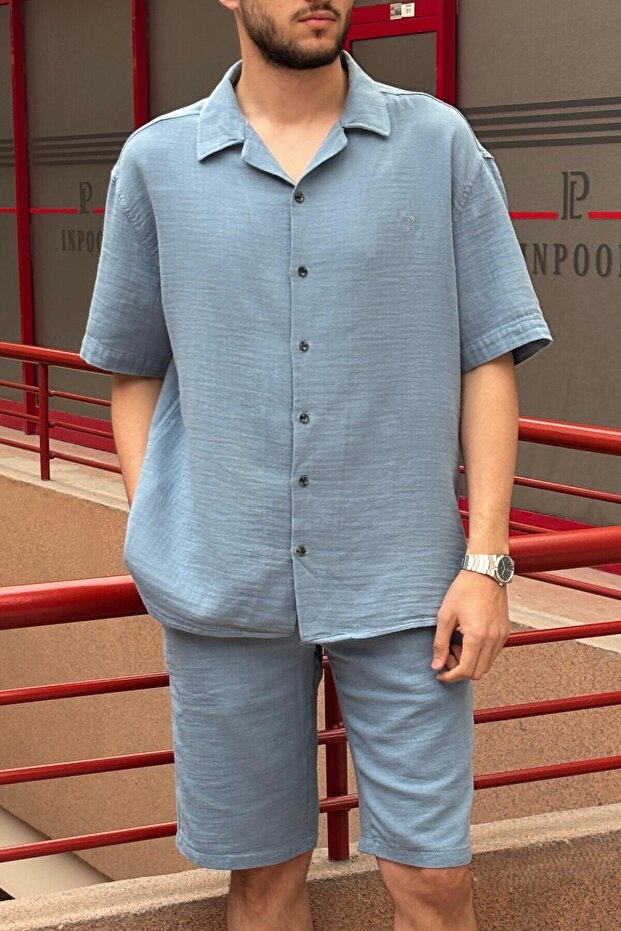 Men'S, Apaş Collar, Oversize, 100% Cotton, Muslin Woven, Short Sleeve Shirt G14