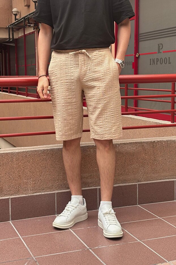 Men, Elastic Waist, Regular Fit, Seersucker Woven Fabric, Linen Blend, Shorts-Bermudas 297