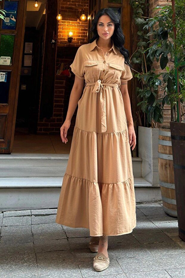 Camel Pleated Pocket Maxi Cupra Dress