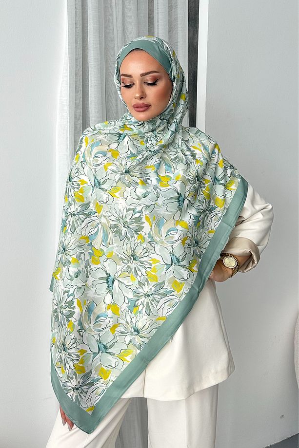 Lotus Çiçek Desen Çağla Yeşili Renk Soft Pamuk Şal - 6