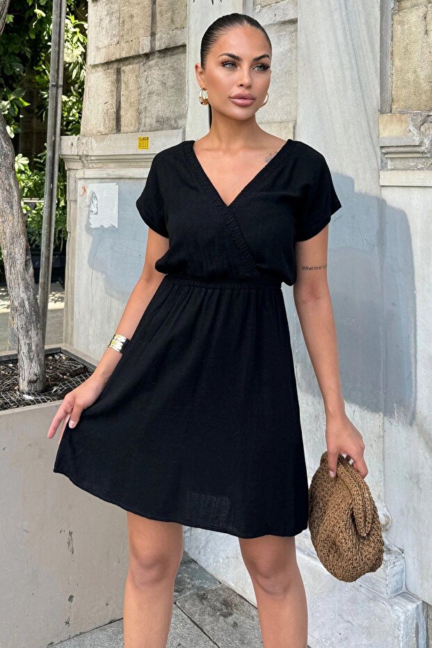 Women's Black Backless, Double Breasted Collar, Elastic Waist, Short Sleeve, Comfortable Midi Linen Dress