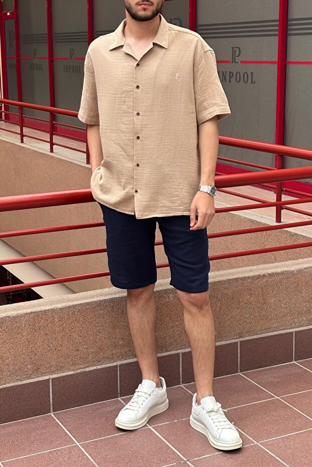 Men'S, Apaş Collar, Oversize, 100% Cotton, Muslin Woven, Short Sleeve Shirt G14