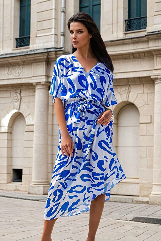 Blue and White Print, V-Neck, Sash Detail, Long Dress