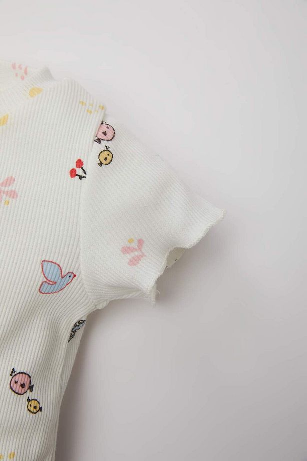 Kız Bebek 2li Takım Desenli Fitilli Kaşkorse Kısa Kollu Çıtçıtlı Body Şort C2550A524SM - 3