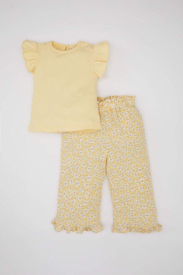 Floral Patterned Viscose Crinkle T-Shirt and Pants for Baby Girl Set of 2 C4647a5yl118mc