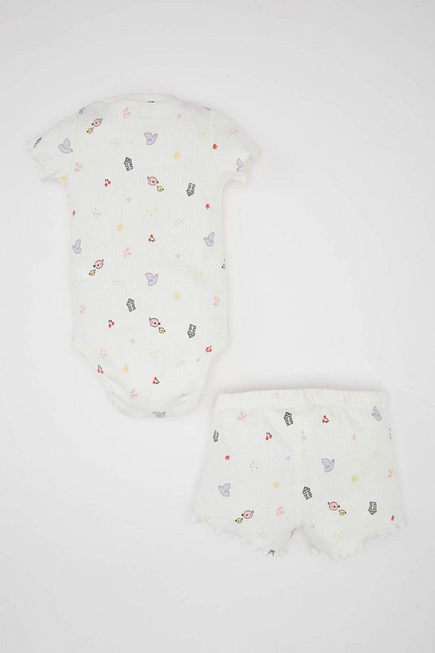 Kız Bebek 2li Takım Desenli Fitilli Kaşkorse Kısa Kollu Çıtçıtlı Body Şort C2550A524SM - 5
