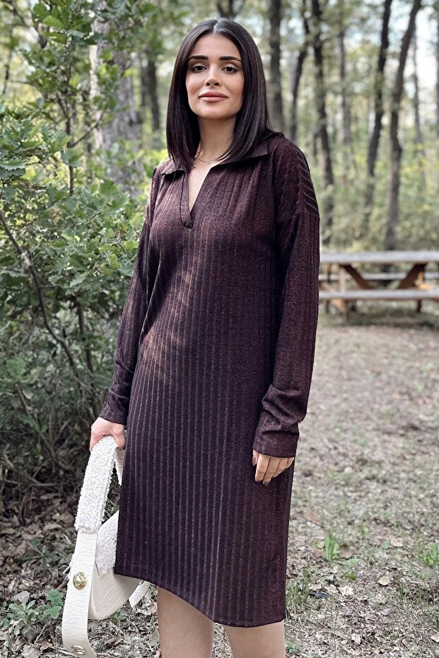 Women's Claret Red Polo Collar, Self Patterned, Basic Fit, Long Sleeve Midi Knitwear Dress