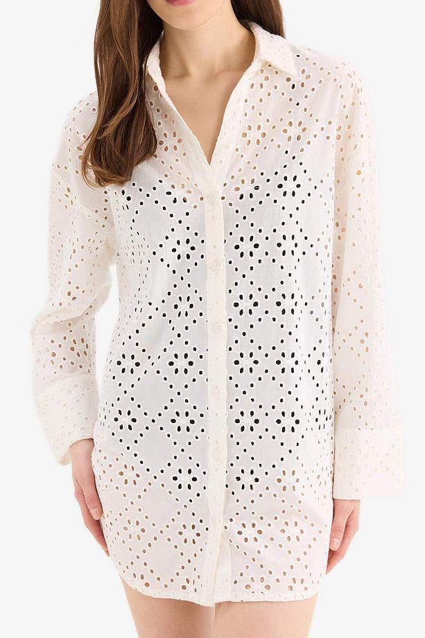 Fall in Love Pamuklu Delik İşlemeli Pembe Plaj Gömleği C0506AX24SM - 5