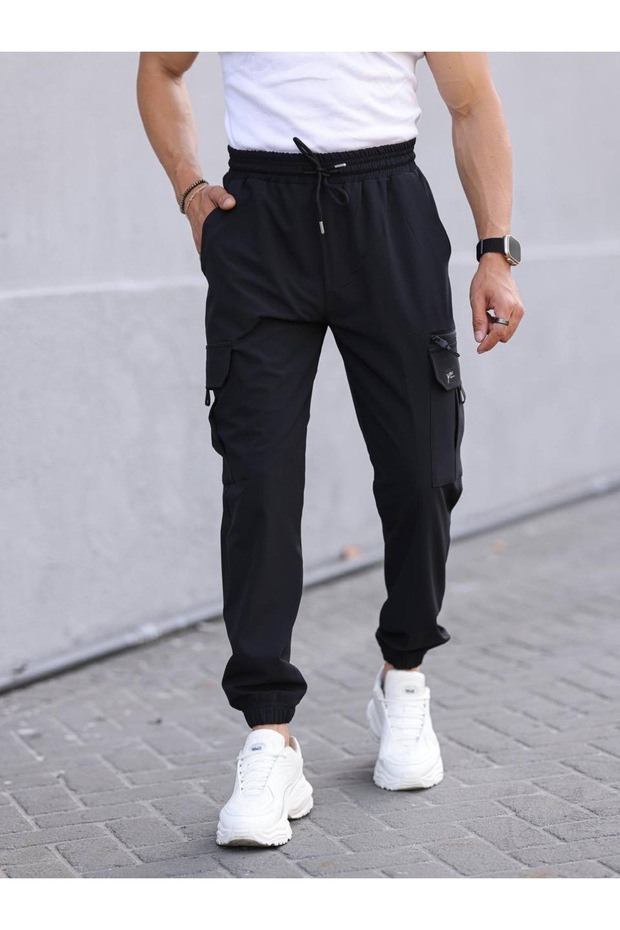 Yxc Parachute Fabric Rubber Leg Cargo Pocket Zipper Detailed Slim Fit Jogger Pants
